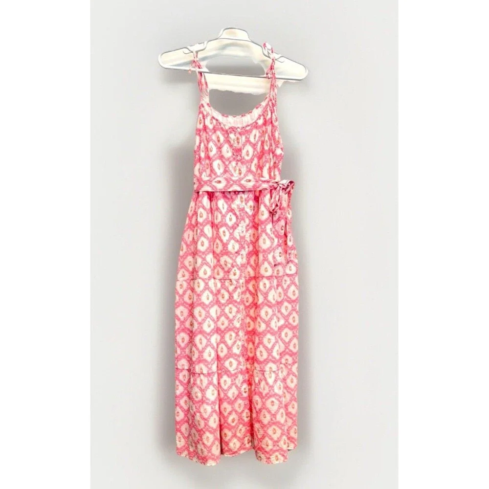Marea Belted Siesta Maxi Dress Pink Ikat Print Bohemian Peasant Coquette Sz M